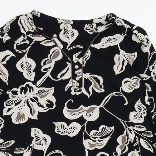 Preworn Womens Black Floral Polyester Basic Blouse Size L V-Neck