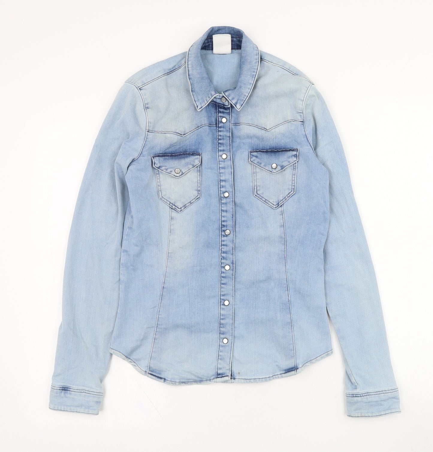 H&M Womens Blue  Cotton Basic Button-Up Size 8 Collared