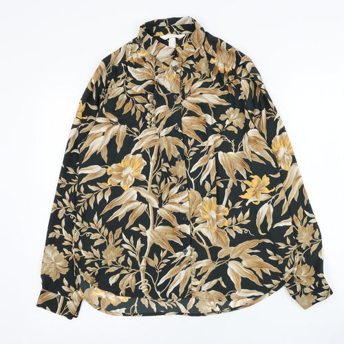 H&M Womens Black Floral Polyester Basic Button-Up Size 6 Collared