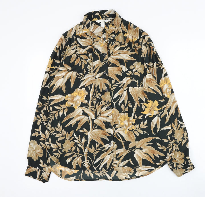 H&M Womens Black Floral Polyester Basic Button-Up Size 6 Collared