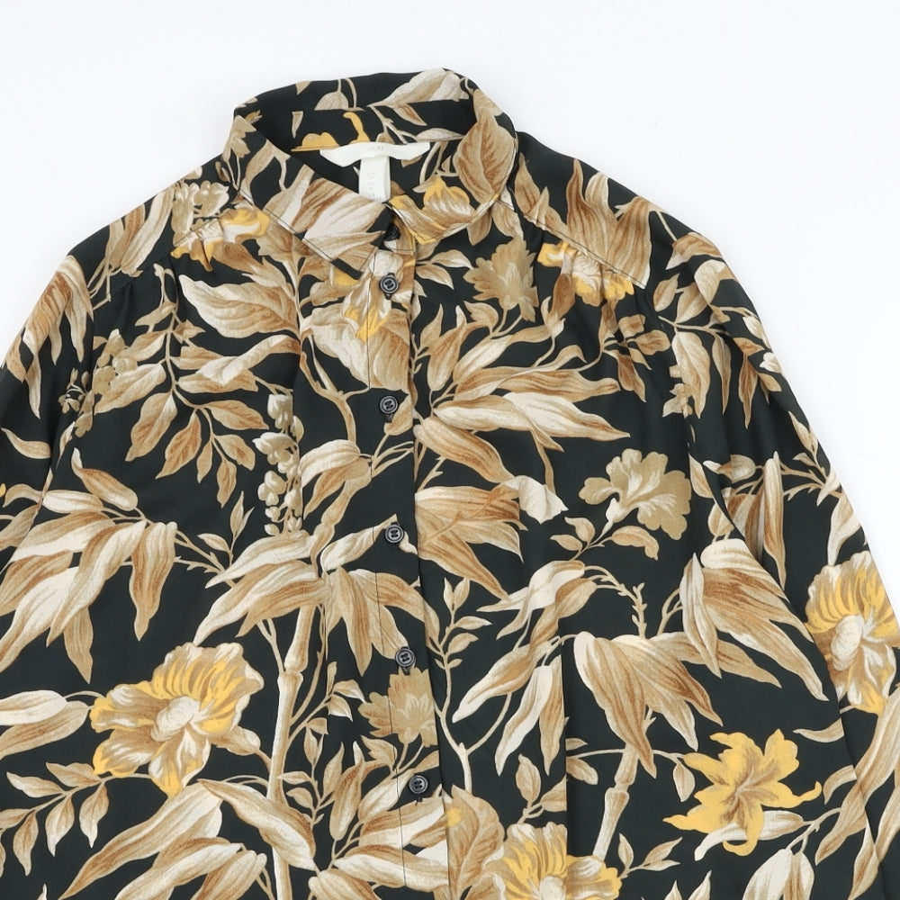 H&M Womens Black Floral Polyester Basic Button-Up Size 6 Collared