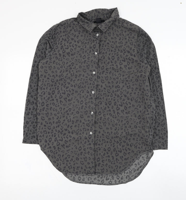 H&M Womens Grey Animal Print Polyester Basic Button-Up Size XS Collared