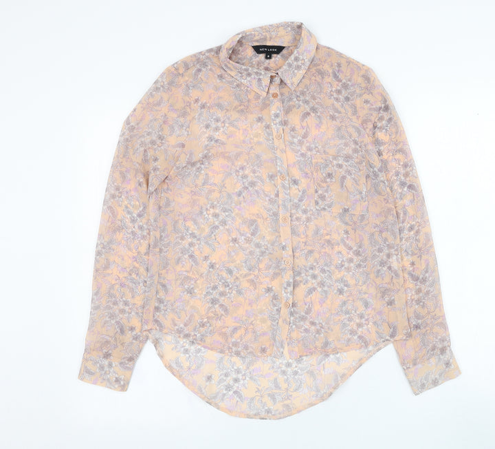 New Look Womens Pink Floral Polyester Basic Button-Up Size 8 Collared