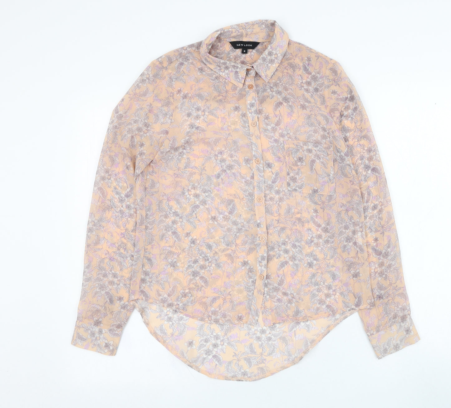 New Look Womens Pink Floral Polyester Basic Button-Up Size 8 Collared