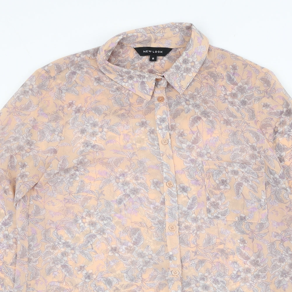 New Look Womens Pink Floral Polyester Basic Button-Up Size 8 Collared