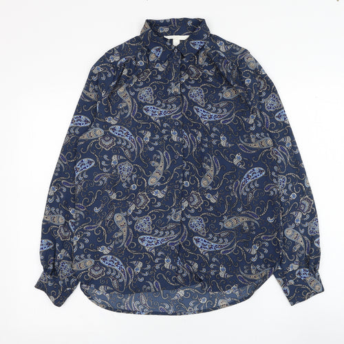 H&M Womens Blue Paisley Polyester Basic Button-Up Size 6 Collared