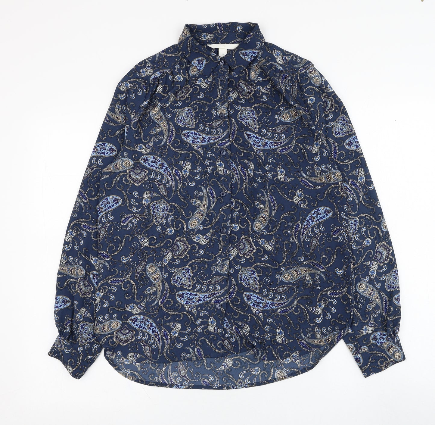 H&M Womens Blue Paisley Polyester Basic Button-Up Size 6 Collared