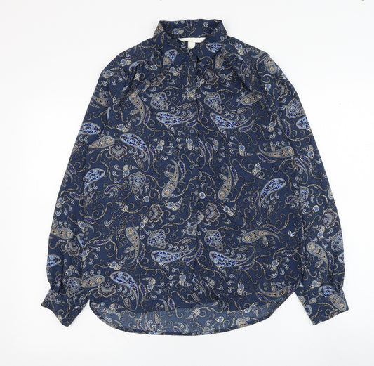 Front view of H&M women’s blue paisley polyester basic button-up, size UK 6, collared