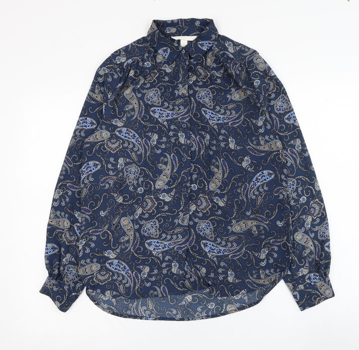 H&M Womens Blue Paisley Polyester Basic Button-Up Size 6 Collared