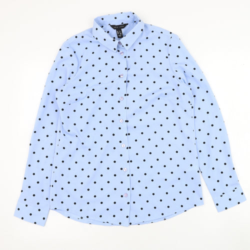 New Look Womens Blue Polka Dot Polyester Basic Button-Up Size 6 Collared