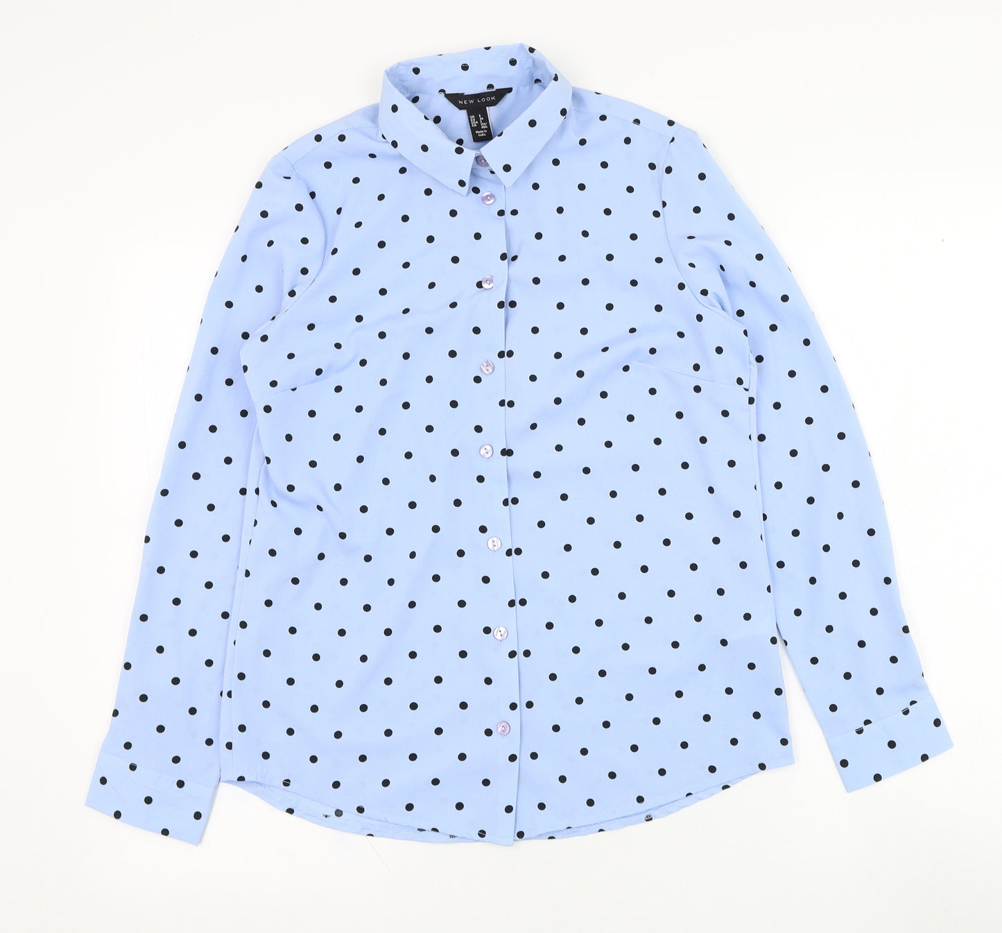 New Look Womens Blue Polka Dot Polyester Basic Button-Up Size 6 Collared