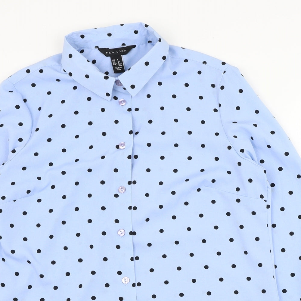 New Look Womens Blue Polka Dot Polyester Basic Button-Up Size 6 Collared
