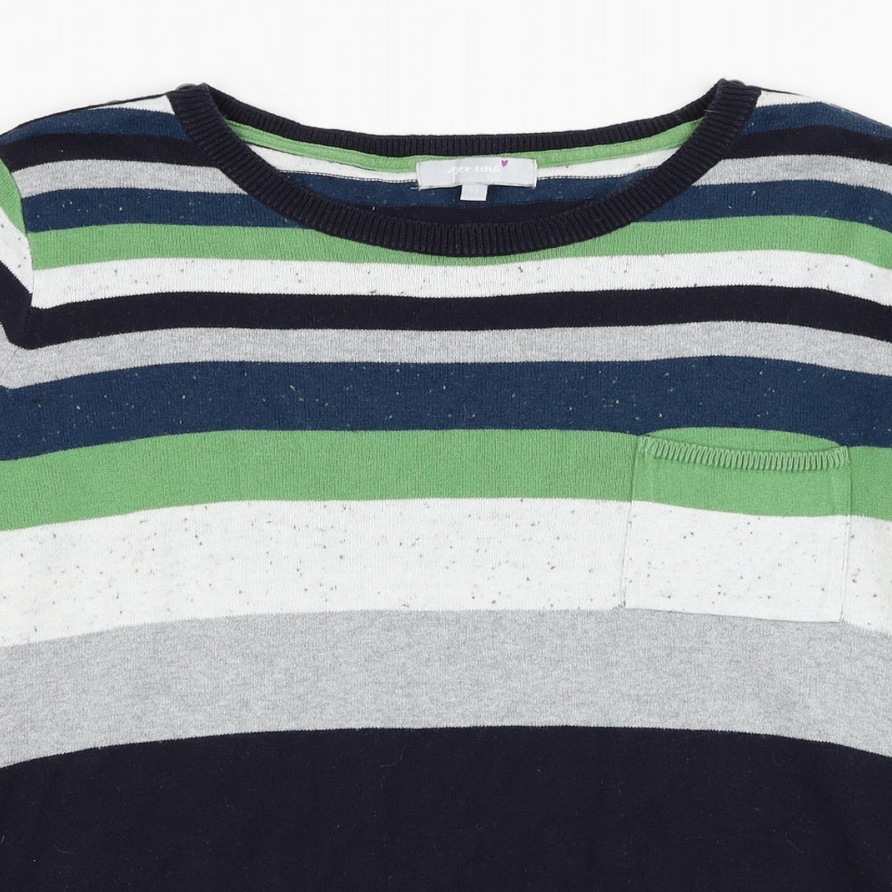 Marks and Spencer Womens Blue Round Neck Striped Cotton Pullover Jumper Size 14