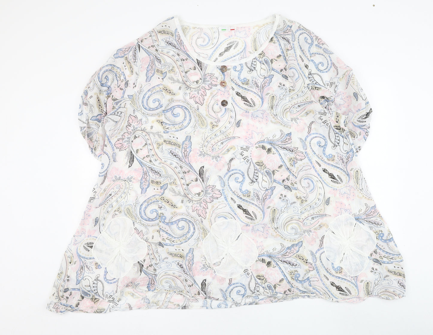 Made in Italy Womens White Paisley Cotton Basic Blouse Size L Round Neck