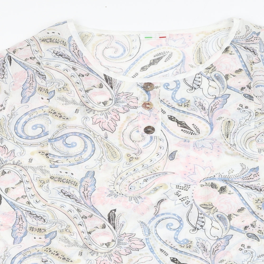 Made in Italy Womens White Paisley Cotton Basic Blouse Size L Round Neck
