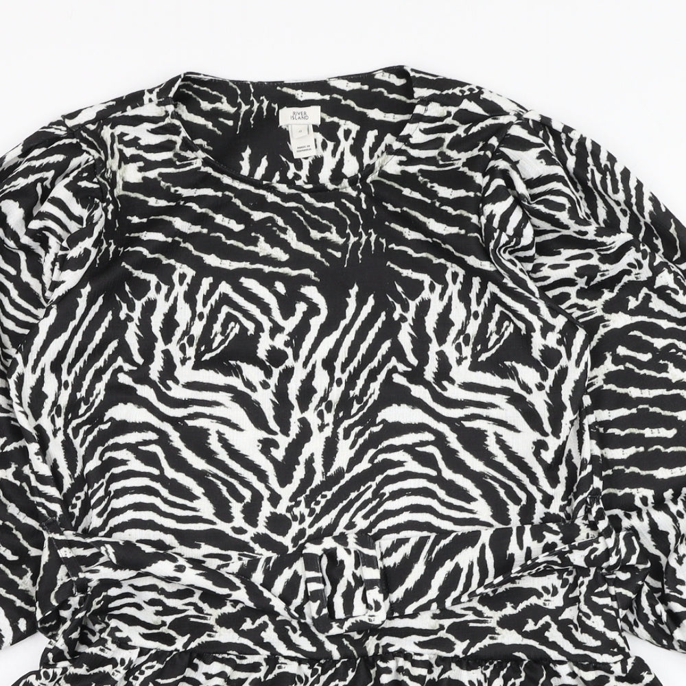 River Island Womens Black Animal Print Polyester Basic Blouse Size 8 Round Neck