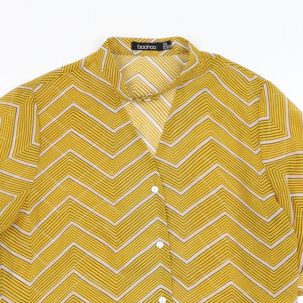 Boohoo Womens Yellow Striped Polyester Basic Blouse Size 6 V-Neck