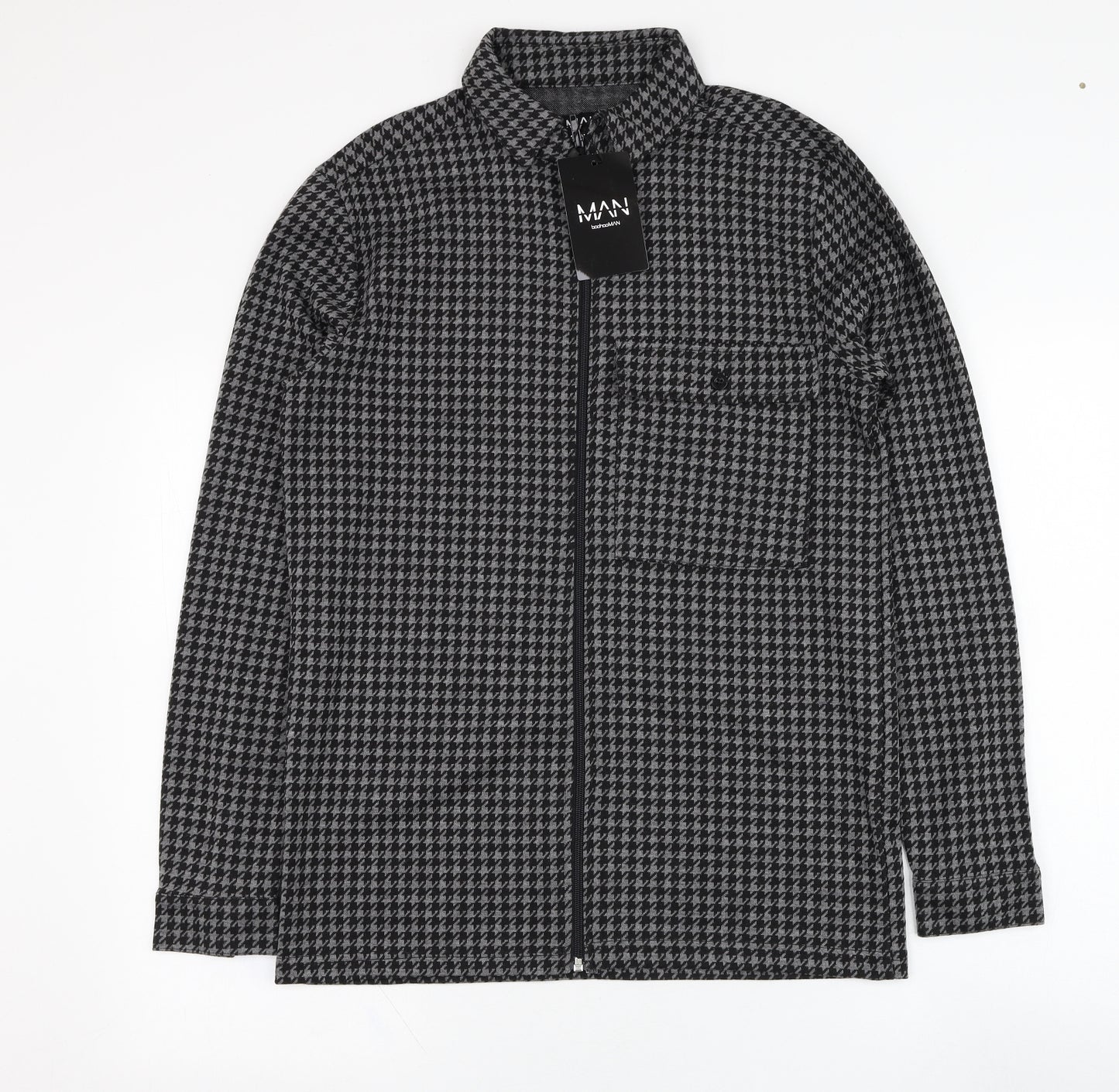 BoohooMAN Mens Grey Houndstooth Polyester Full Zip Sweatshirt Size S