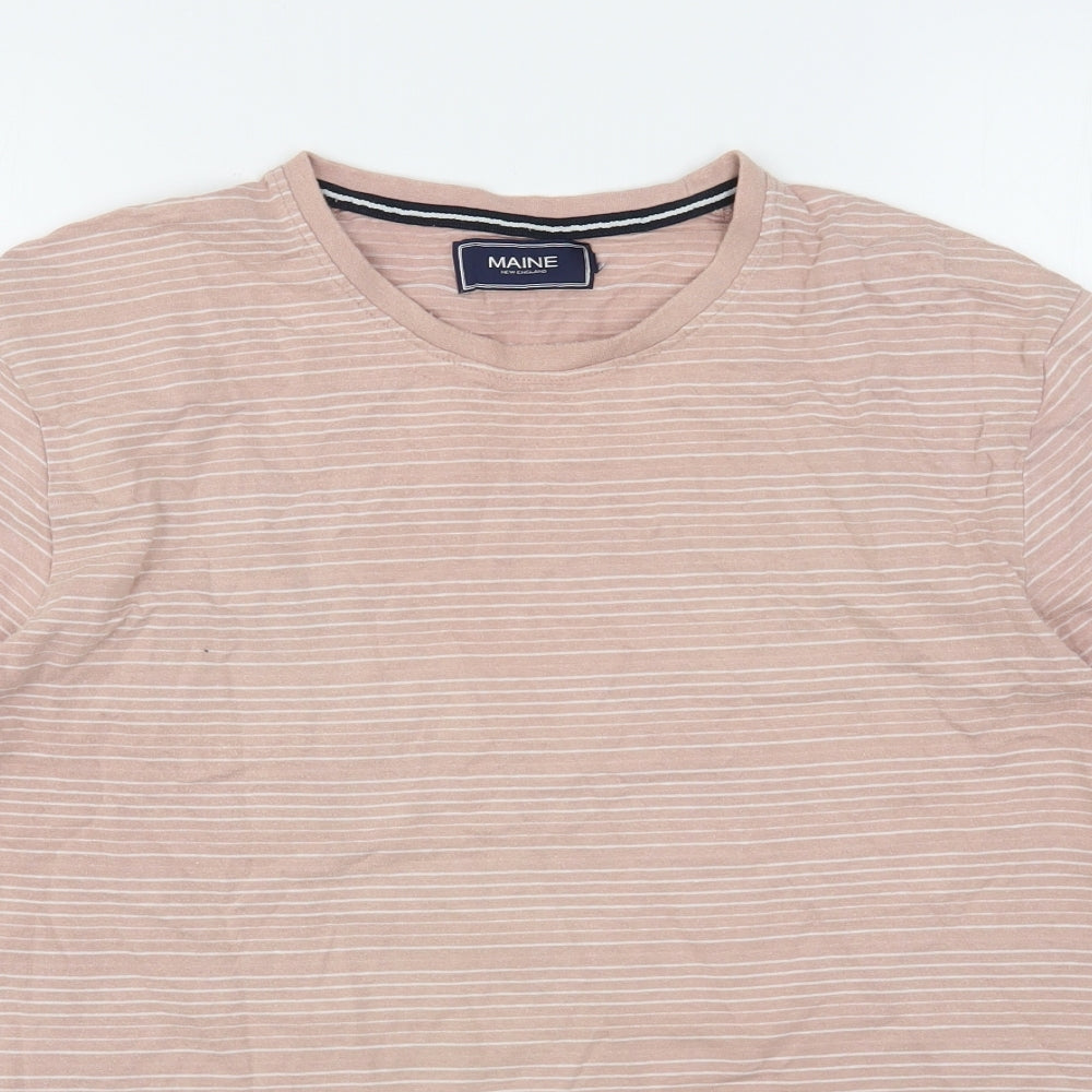 Maine New England Mens Pink Striped Cotton  T-Shirt Size L Round Neck
