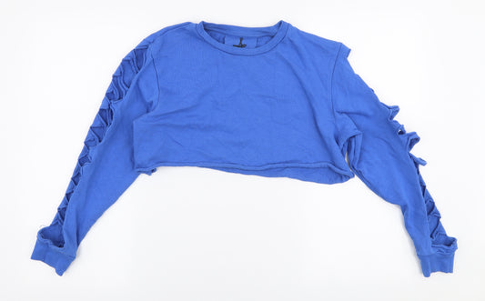 Front view of Atmosphere women’s blue polyester pullover sweatshirt, size UK 10, pullover - distressed arms