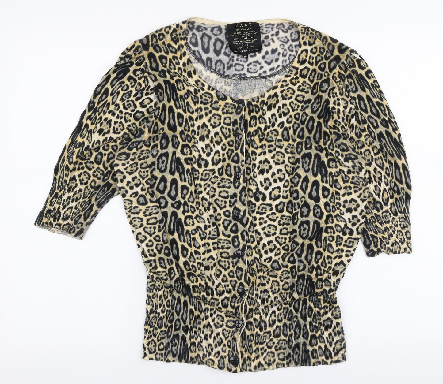 L'Art Womens Brown Round Neck Animal Print Cotton Cardigan Jumper Size 16