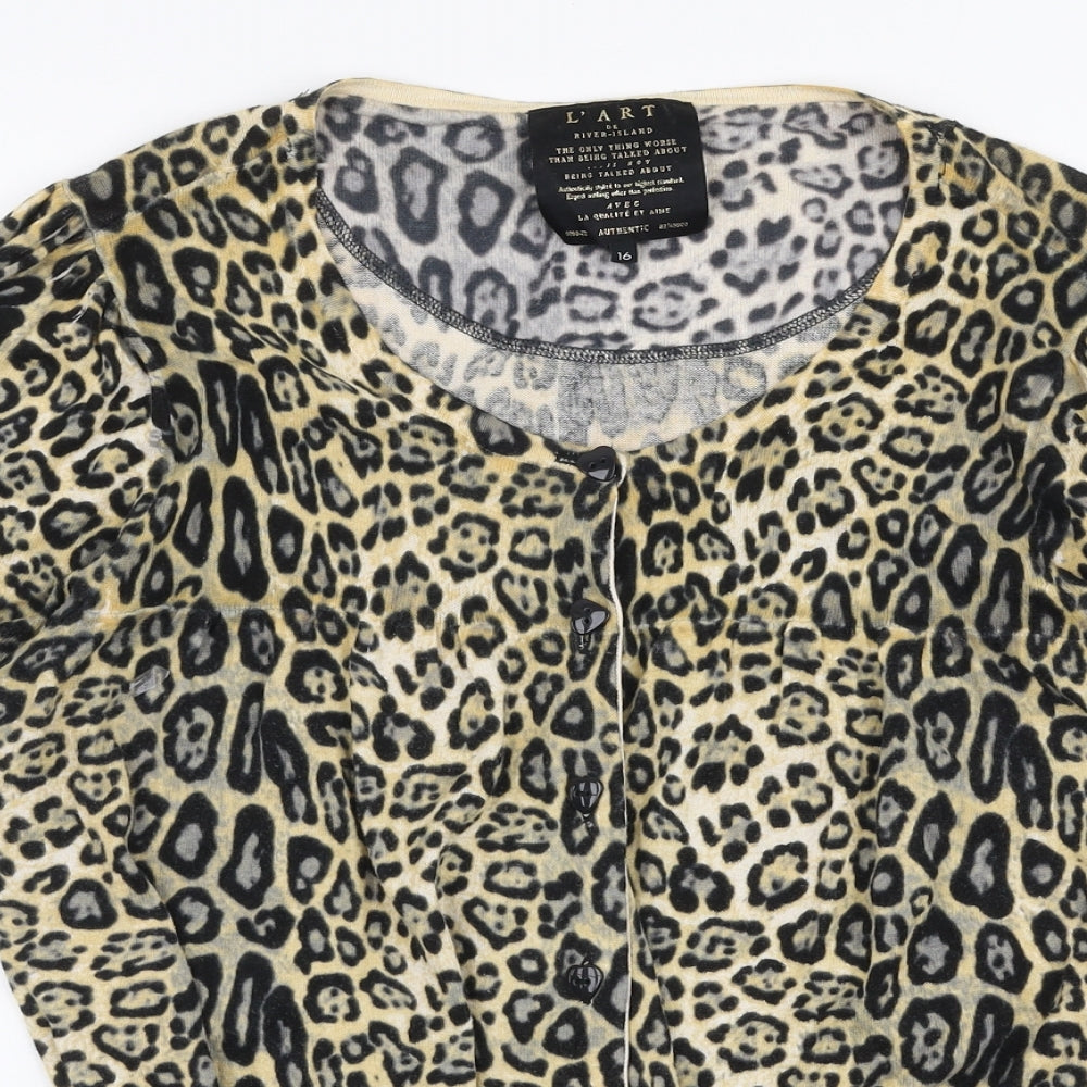 L'Art Womens Brown Round Neck Animal Print Cotton Cardigan Jumper Size 16