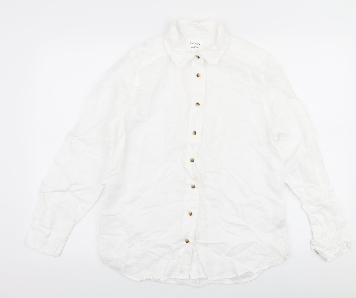 Marks and Spencer Womens White  Linen Basic Button-Up Size 10 Collared