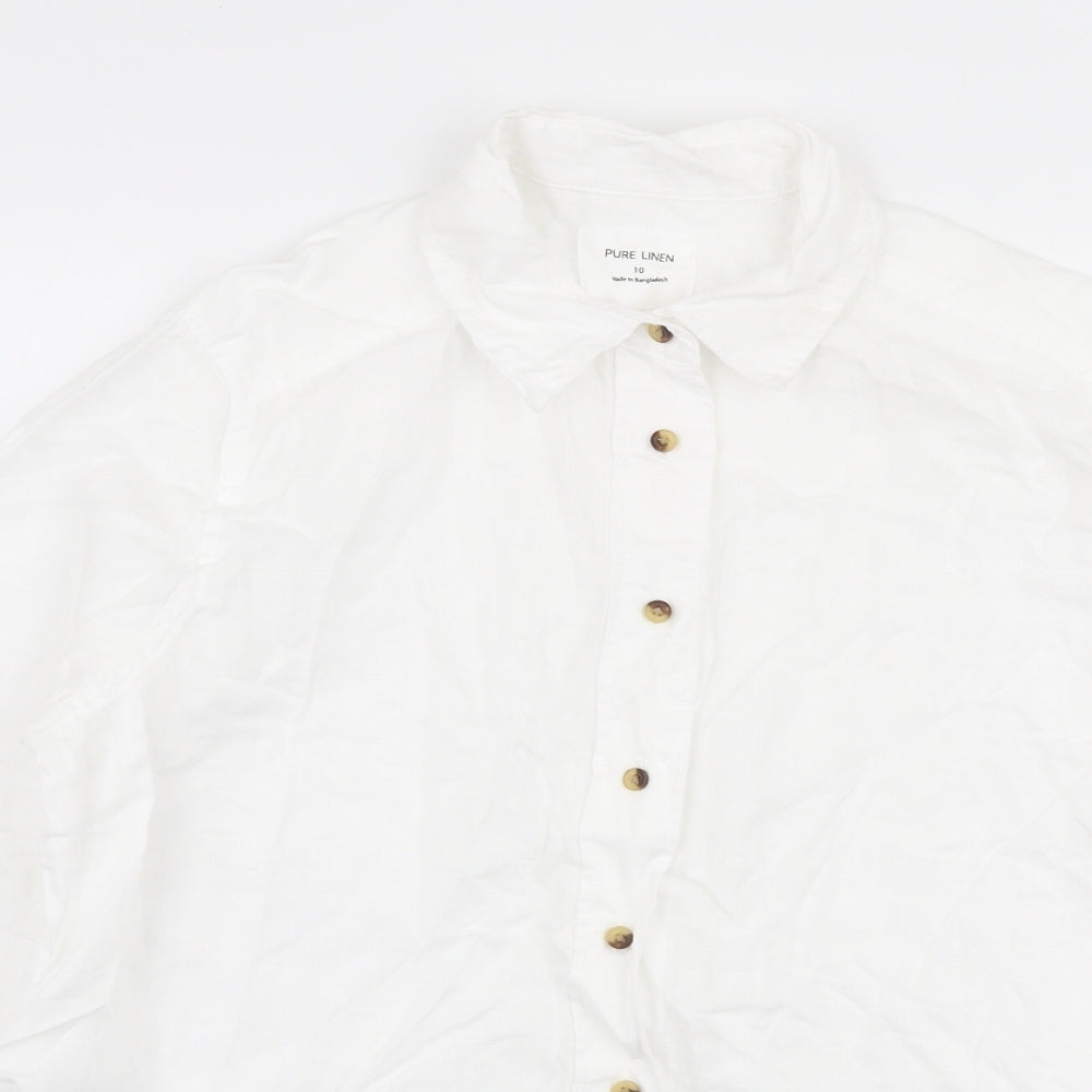 Marks and Spencer Womens White  Linen Basic Button-Up Size 10 Collared
