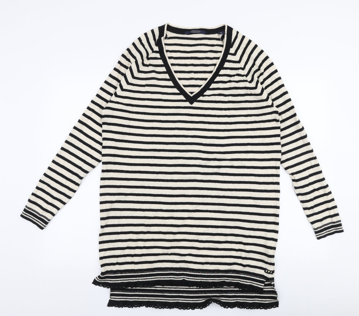 Scotch & Soda Womens Ivory V-Neck Striped Cotton Pullover Jumper Size L