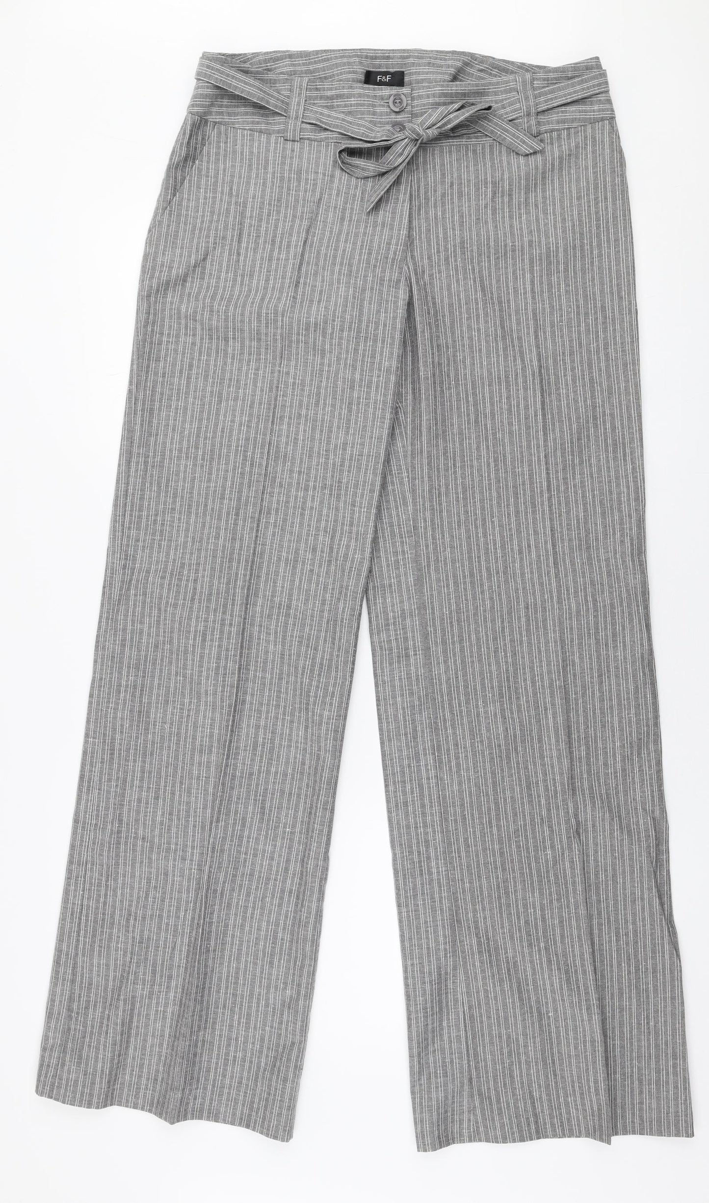 F&F Womens Grey Striped Polyester Trousers  Size 12 L33 in Regular Zip