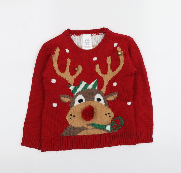 Urban rascals Boys Red Round Neck Geometric Acrylic Pullover Jumper Size 4 Years   - Santa Jumper