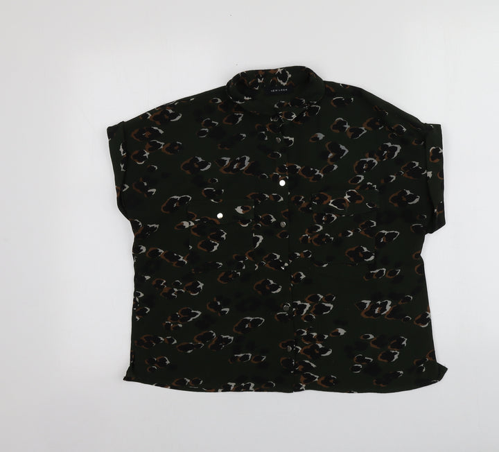 New Look Womens Green Animal Print Polyester Basic Button-Up Size 8 Collared