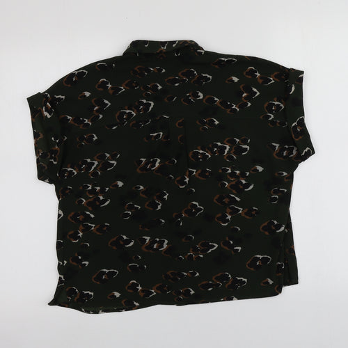 New Look Womens Green Animal Print Polyester Basic Button-Up Size 8 Collared