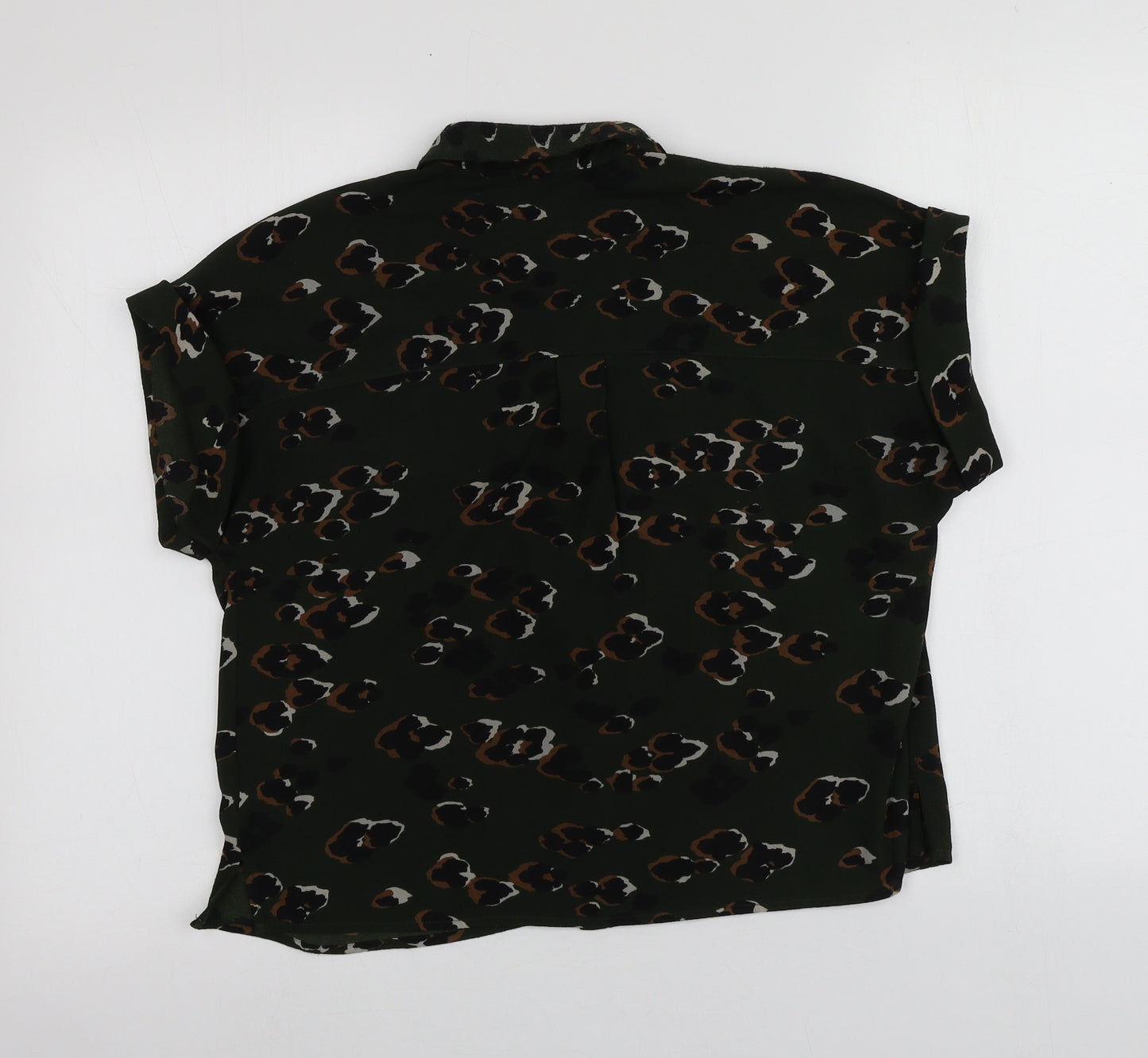 New Look Womens Green Animal Print Polyester Basic Button-Up Size 8 Collared