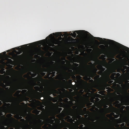 New Look Womens Green Animal Print Polyester Basic Button-Up Size 8 Collared