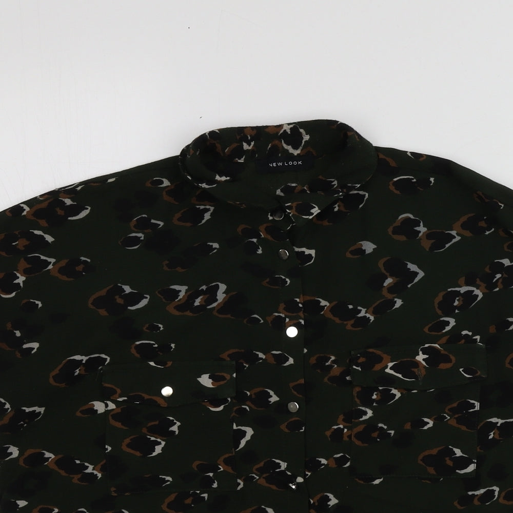 New Look Womens Green Animal Print Polyester Basic Button-Up Size 8 Collared