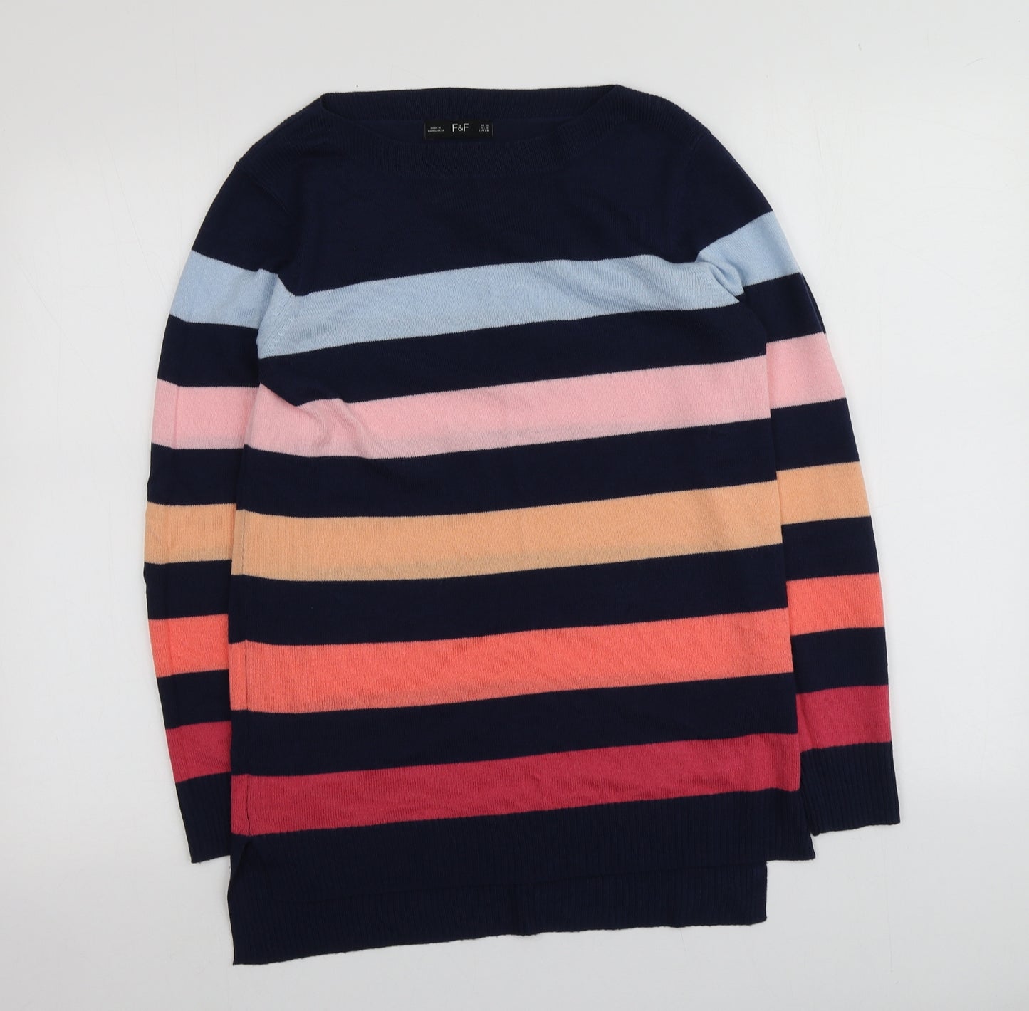 F&F Womens Multicoloured Round Neck Striped Acrylic Pullover Jumper Size 10