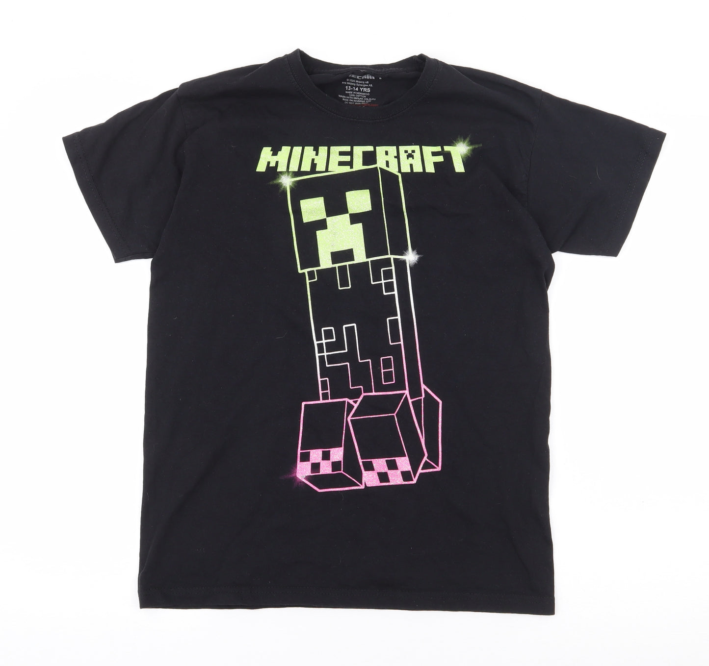 Minecraft Boys Black Geometric 100% Cotton Jersey T-Shirt Size 13-14 Years Round Neck  - Minecraft