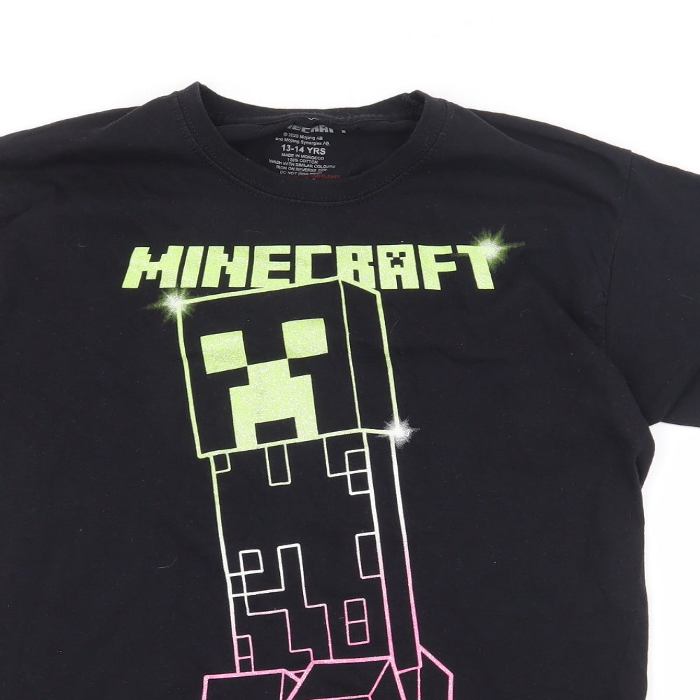 Minecraft Boys Black Geometric 100% Cotton Jersey T-Shirt Size 13-14 Years Round Neck  - Minecraft