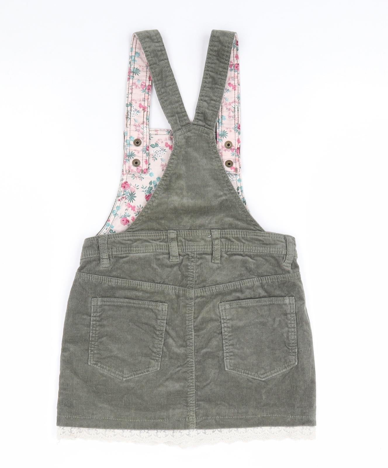 H&M Girls Green  Cotton Pinafore/Dungaree Dress  Size 6-7 Years  Square Neck
