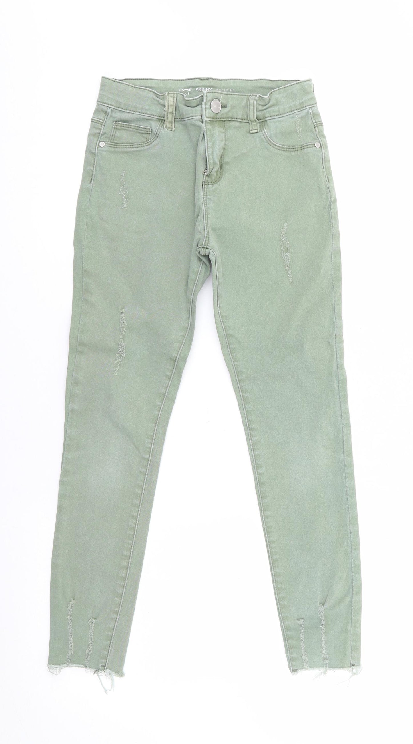Primark Girls Green  Cotton Skinny Jeans Size 9-10 Years L22.5 in Regular Zip - Distressed
