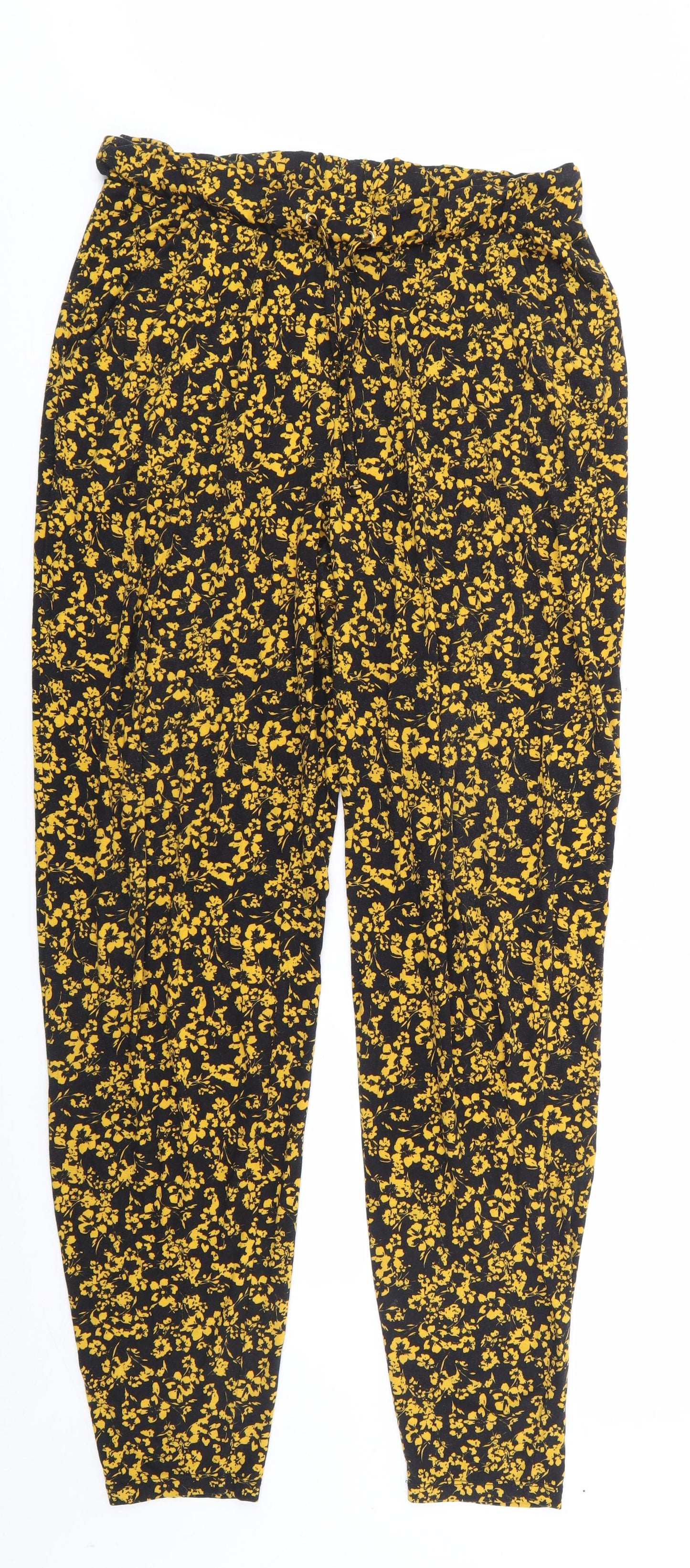 NEXT Womens Black Floral Viscose Harem Trousers Size 12 L30 in Regular Drawstring