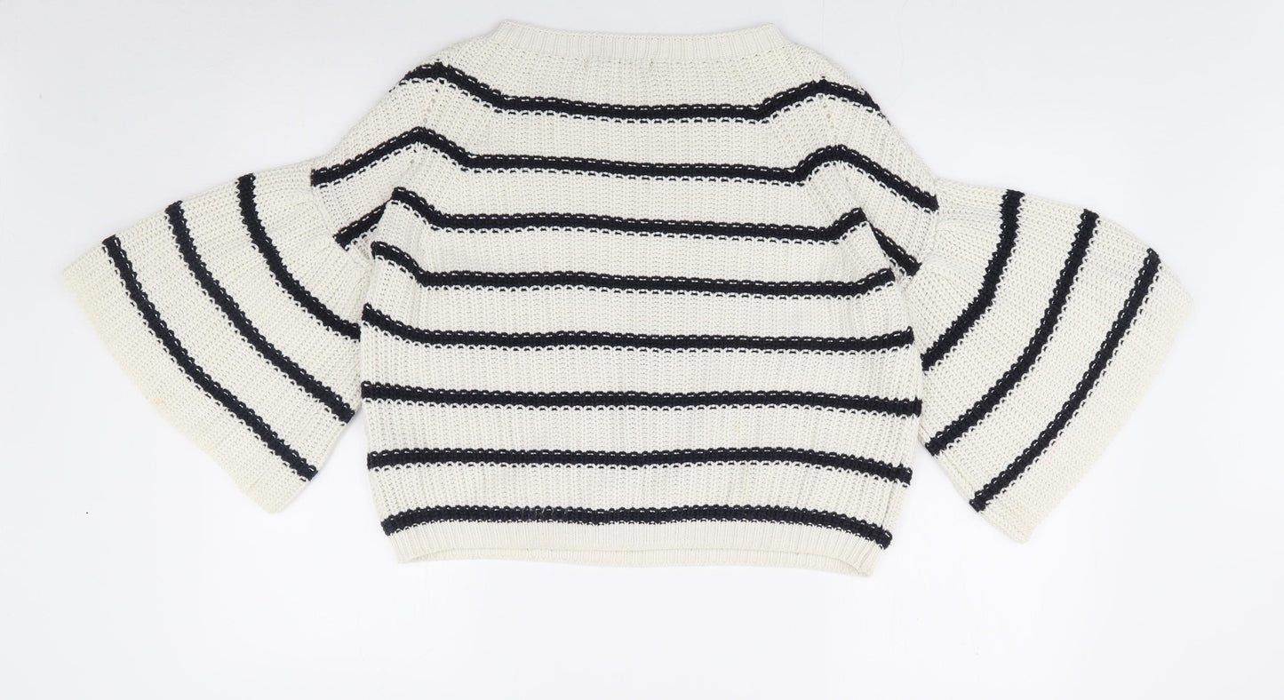 Marks and Spencer Womens Ivory Round Neck Striped Cotton Pullover Jumper Size S