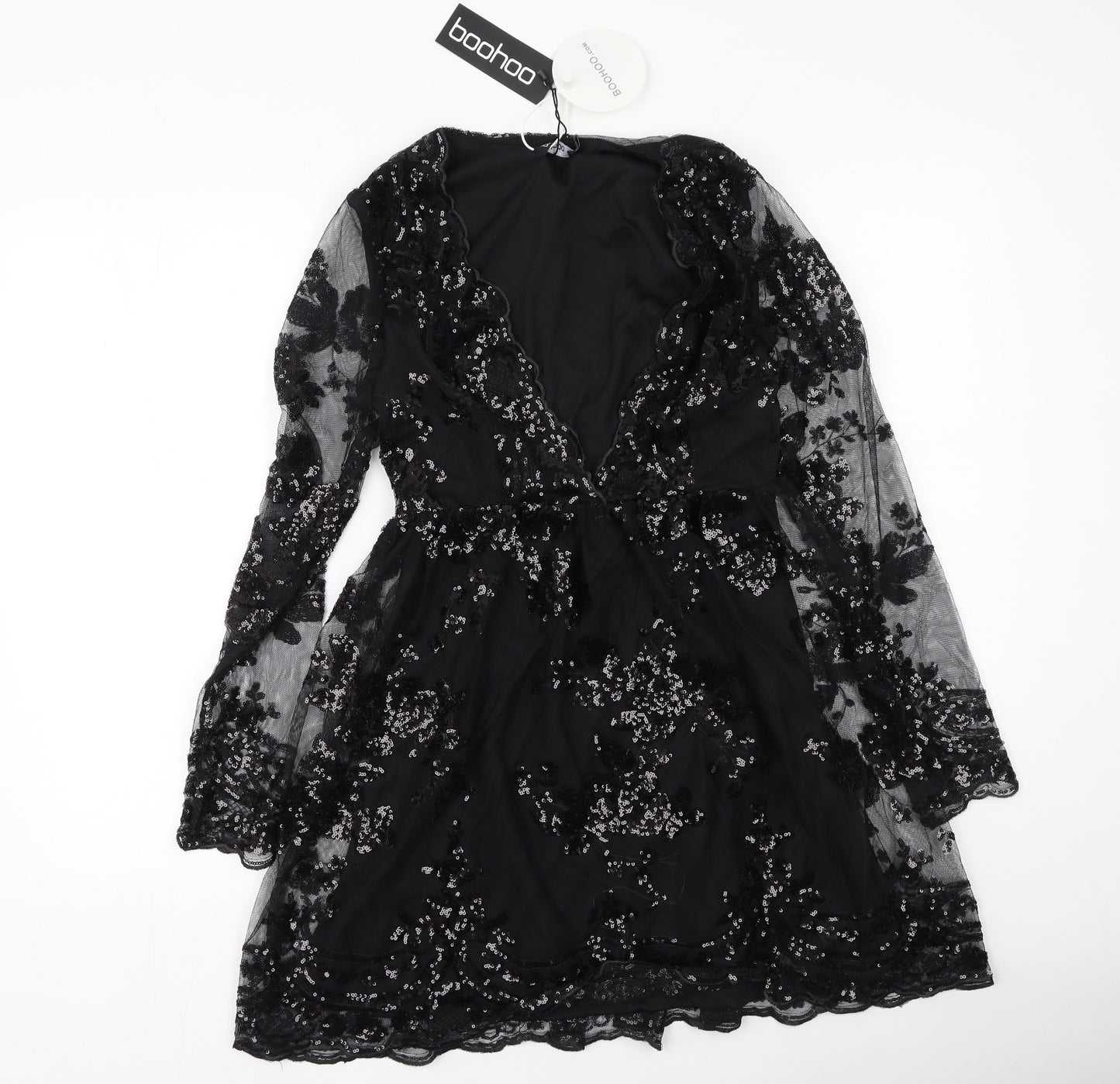 Boohoo Womens Black  Polyester Skater Dress  Size 10  V-Neck
