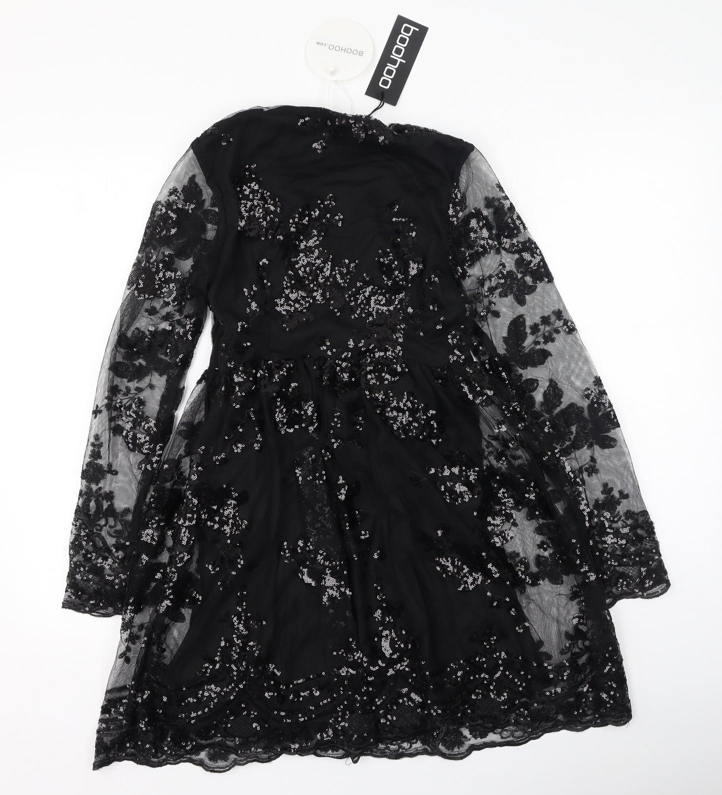 Boohoo Womens Black  Polyester Skater Dress  Size 10  V-Neck