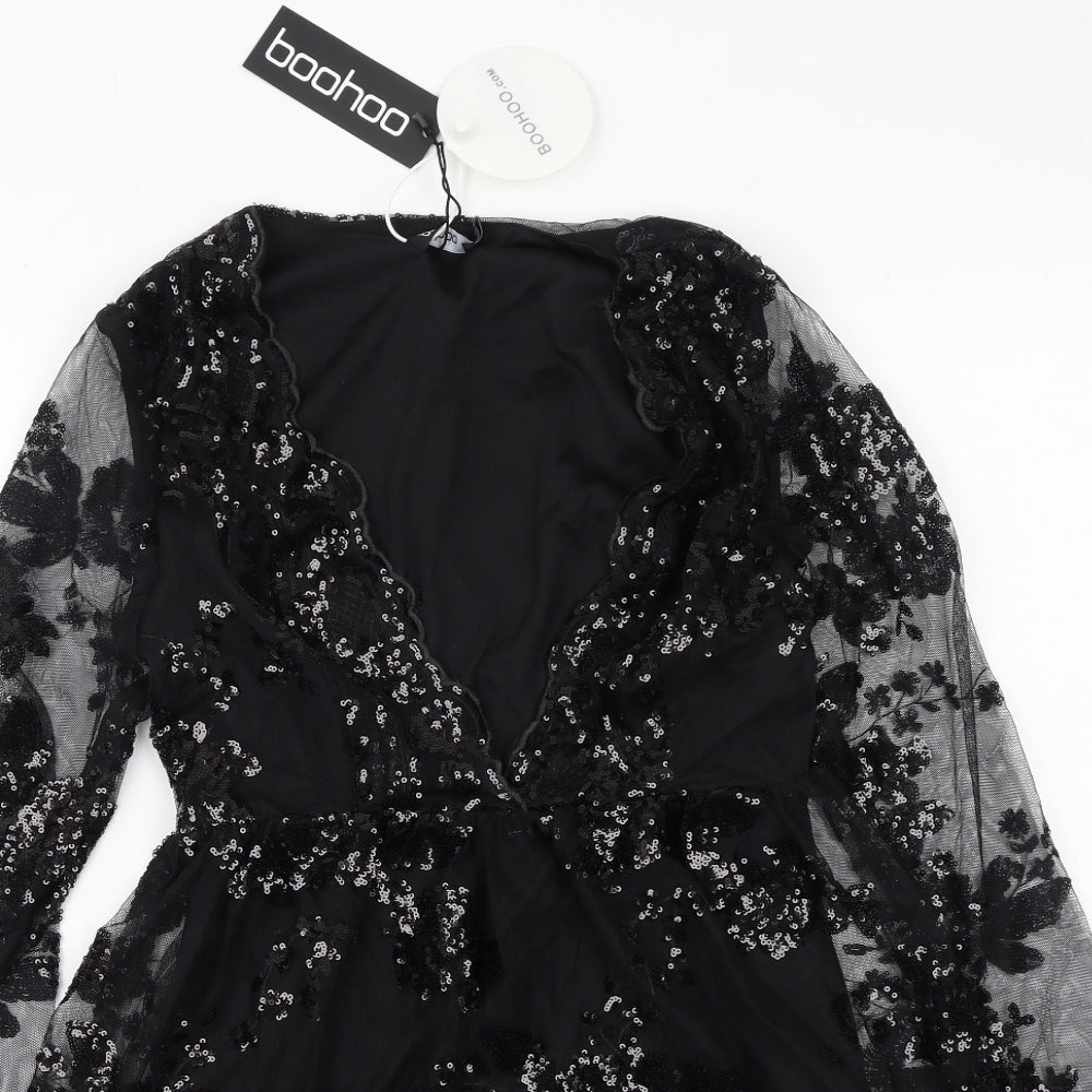 Boohoo Womens Black  Polyester Skater Dress  Size 10  V-Neck