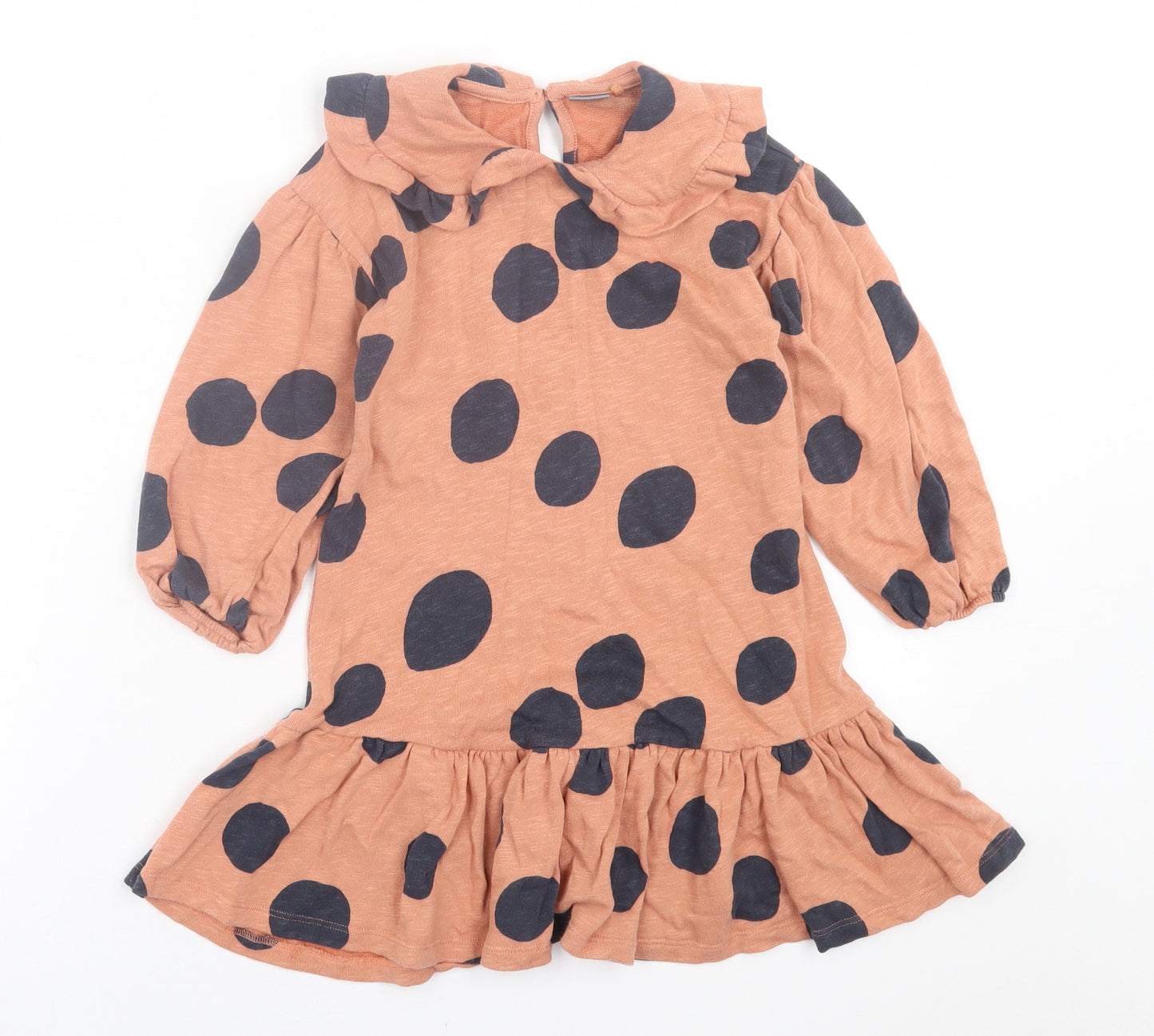 NEXT Girls Orange Polka Dot Cotton Jumper Dress  Size 4-5 Years  Collared Button