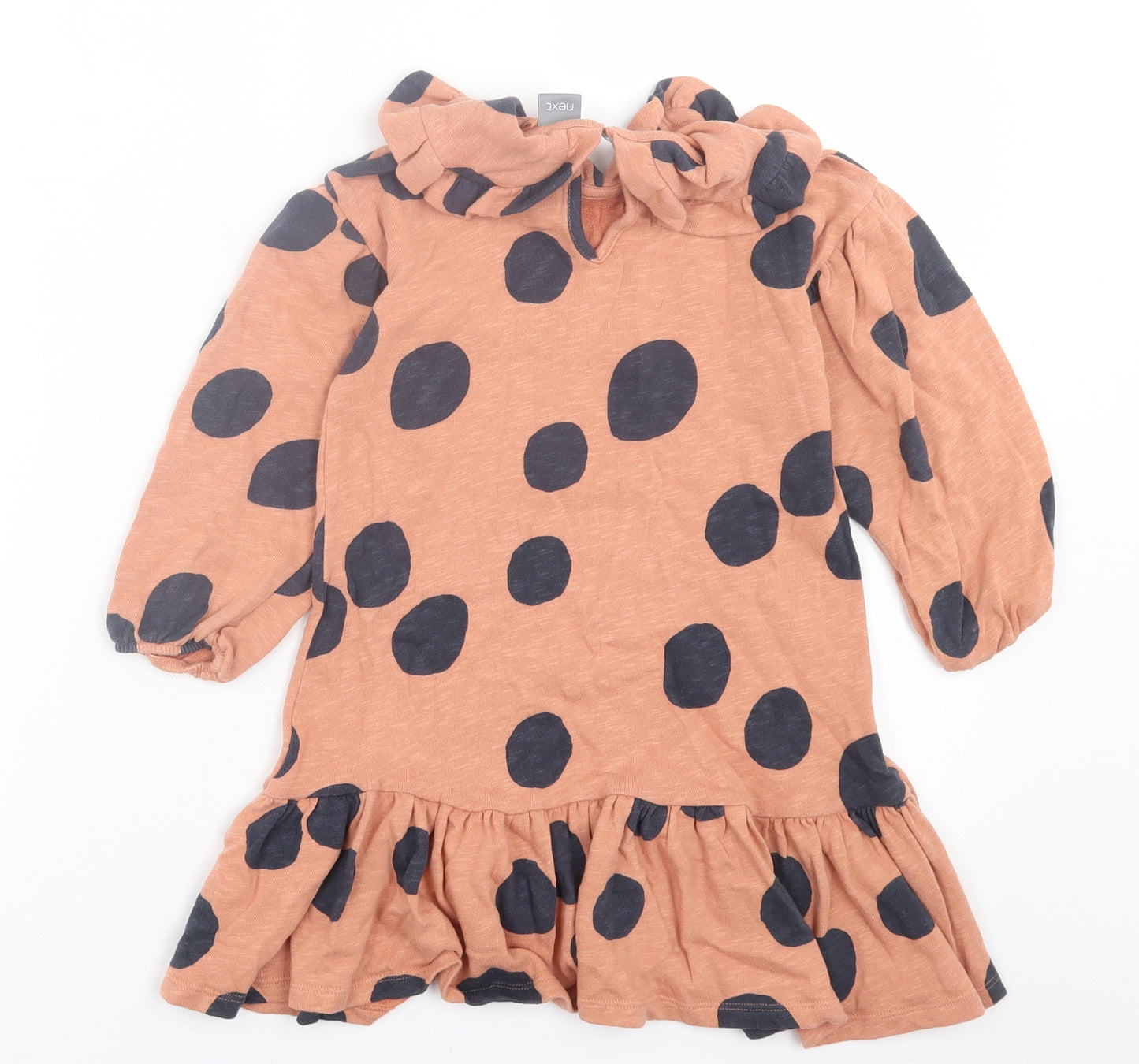 NEXT Girls Orange Polka Dot Cotton Jumper Dress  Size 4-5 Years  Collared Button