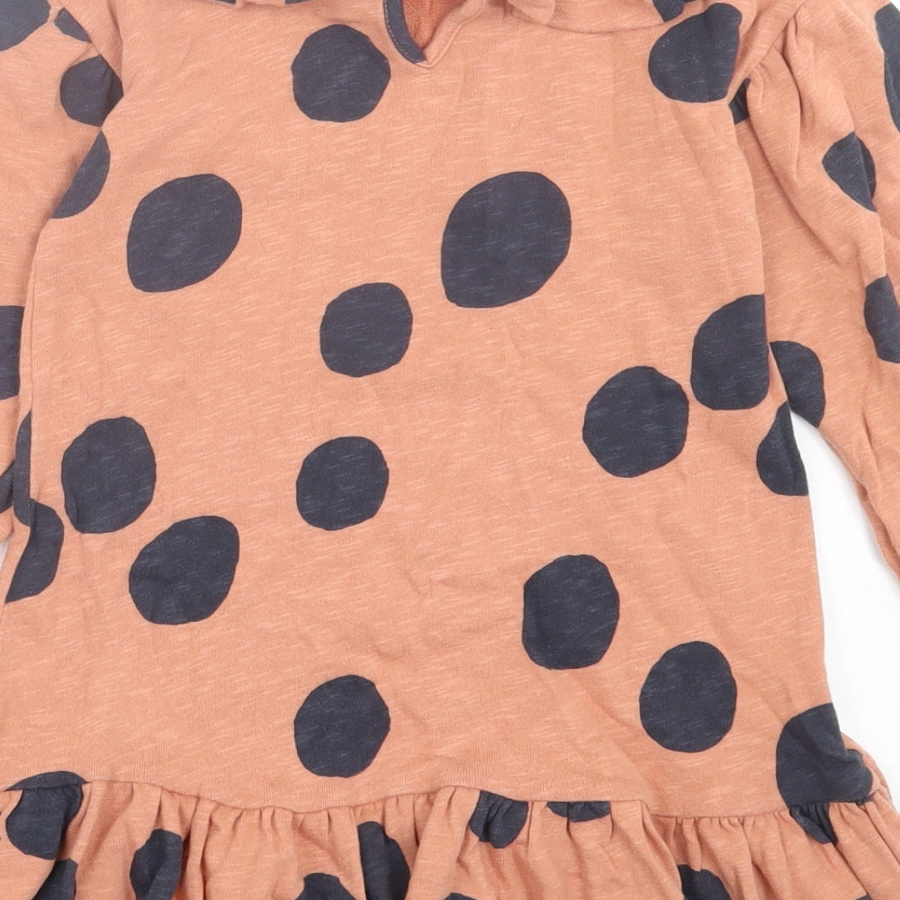 NEXT Girls Orange Polka Dot Cotton Jumper Dress  Size 4-5 Years  Collared Button