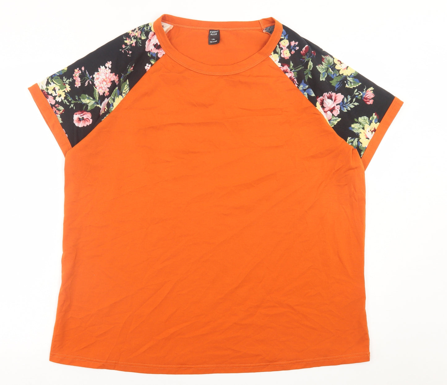 Emery Rose Womens Orange Floral Cotton Basic T-Shirt Size XL Crew Neck